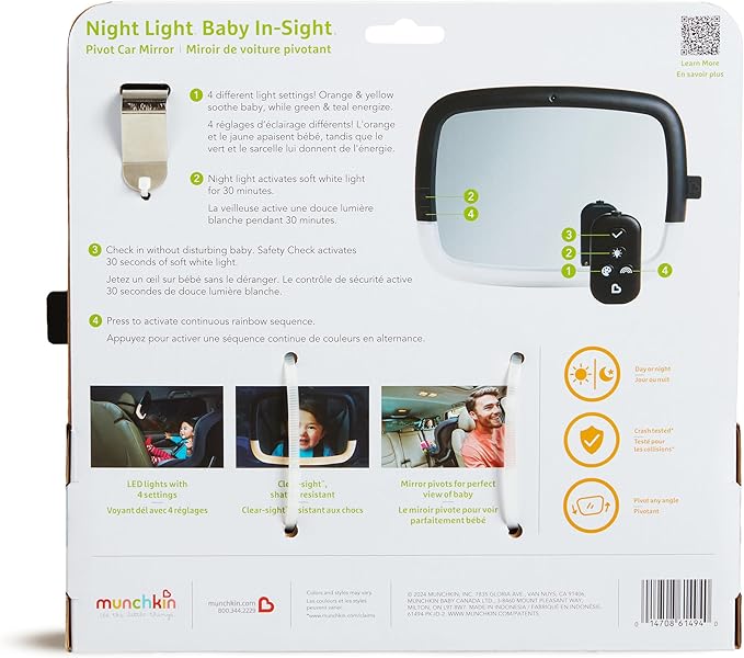 Munchkin Baby Car Mirror for Rear Facing Car Seats, Night Light LED Pivot 360 Baby in-Sight Adjustable Auto Mirror, Black