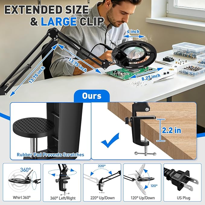 12X Magnifying Glass with Light, KIRKAS 2,200 Lumens LED Magnifying Lamp | with Clamp, Stepless Dimmable Real Glass Lens Magnifier, Adjustable Arm Workbench Light for Close Work Hobby Repair - Black