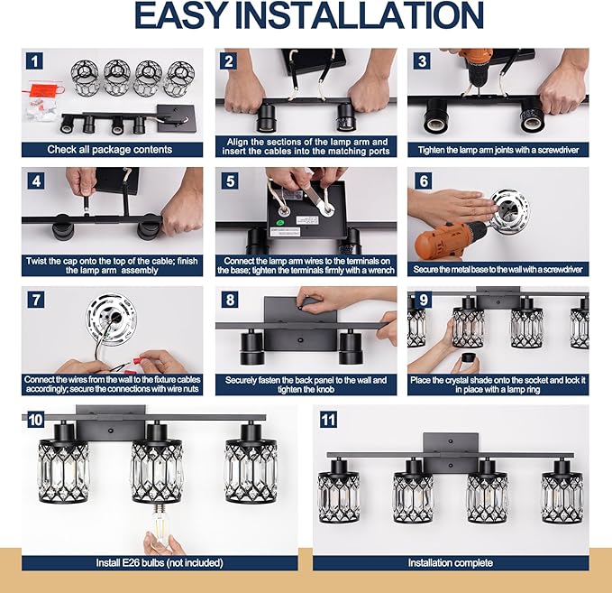 Crystal Modern Bathroom Light Fixtures, 5-Light Black Bathroom Vanity Wall Light, Vanity Lights for Mirror, Restroom, Bedroom (E26 Socket, Bulbs Not Included)