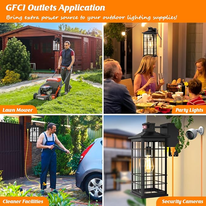 18inch Large Size Motion Sensor Porch Light with GFCI Outlets, Dusk to Dawn Black Outdoor Wall Light Fixture, 3 Modes Exterior Lighting Fixture Waterproof Outside Wall Lantern Sconce for House, 1-Pack