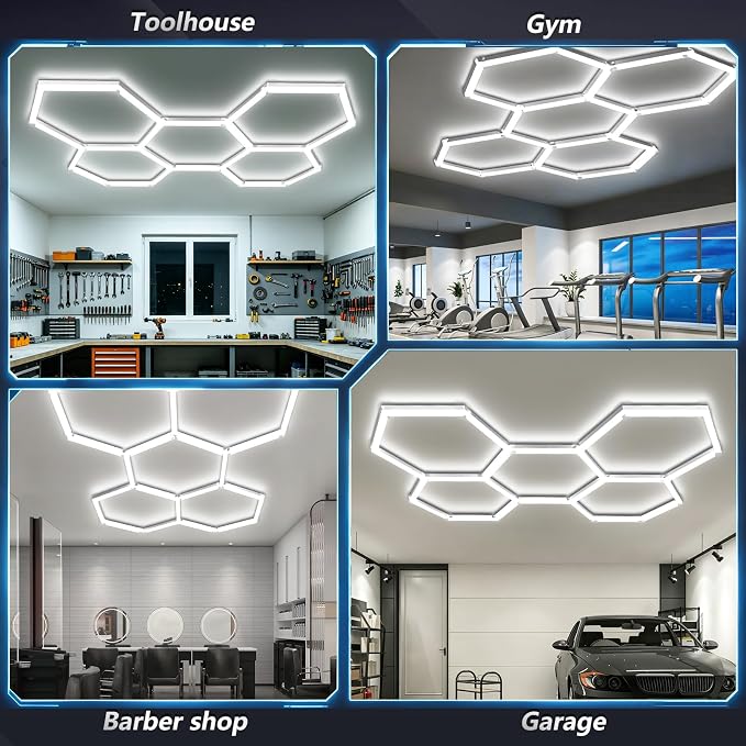 Bevenus Hexagon Garage Light, 168W 6500K Super Bright Honeycomb LED Ceiling Light, DIY Hex Lights for Warehouse Workshop Gym Barbershop Car Detailing Auto Beauty (5 Grids)
