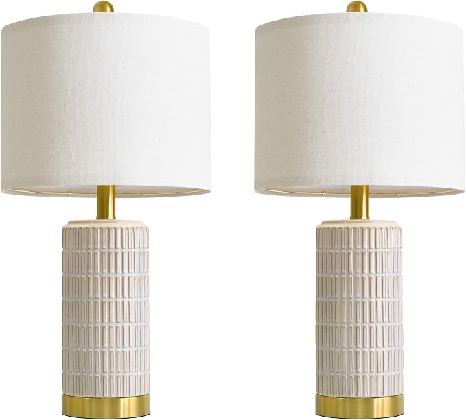 PoKat Ceramic Table Lamps Set of 2 for Bedroom Living Room, 21.5'' White | Bedside Lamps for Nightstands, Compact Size, Modern Design with Gold Base, Farmhouse Home Decor for Living Room End Table
