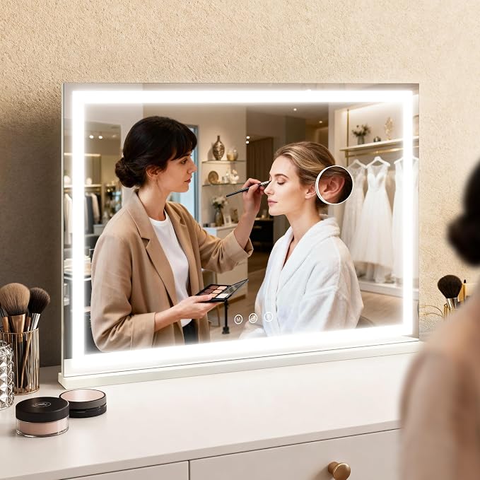 ROLOVE Large Vanity Mirror with Lights 35.5" x 27", LED Hollywood Makeup Mirror with USB Charging Port, 3 Color Modes, Dimmable Touch Control, 10X Magnification, Wall Mounted or Tabletop