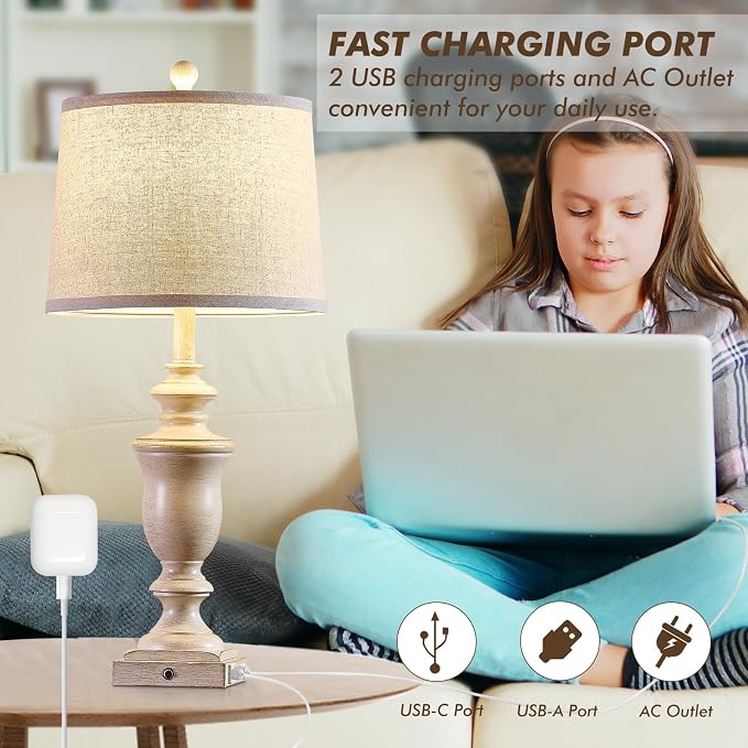 SAIWEYA 27.5" Set of 2 Farmhouse Table Lamps for Bedroom, 3 Way Dimmable Bedside Lamp with 2 USB +AC Outlet Nightstand Lamps for Living Room Resin Rustic Touch Lamps