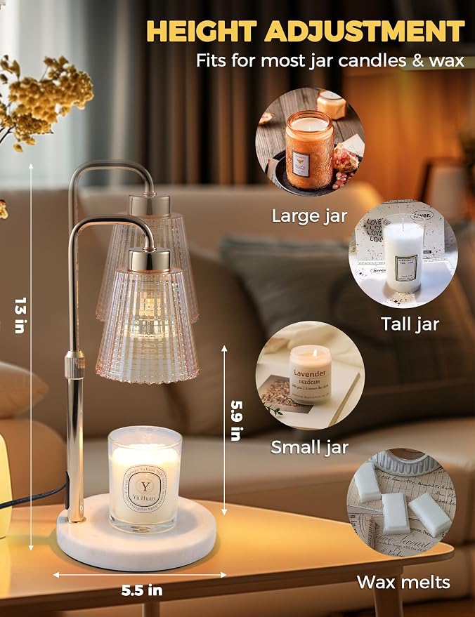 Marble Candle Warmer Lamp Green with Cycle Timer, Dimmable Wax Melt Warmer | 24h Cycle Timer Dimmable Wax Melt Warmer with 2 Bulbs, Fall Decor for Home Living Room Halloween Decorations Gifts for Mom