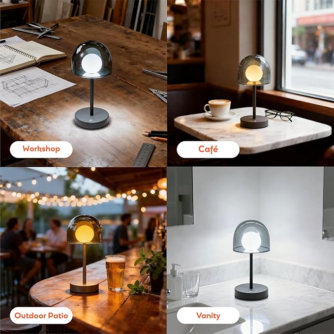 LED Modern Lamp, Small Mushroom Lamp Cordless, Unique Decor Light | Rechargeable Mushroom Desk Lamp Dimmable, IP44 Bathroom Lamp Countertop, Mini Bedside Wireless Lamp for Living Room (Grey)