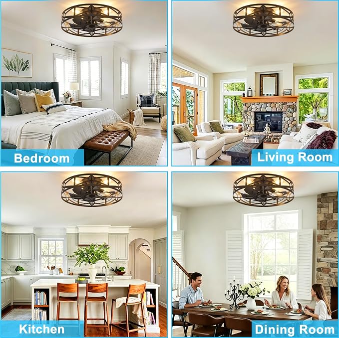 Depuley Flush Mount Ceiling Fan: 20" Caged Ceiling Fans with Remote Control for Patio Kitchen Bedroom - Low Profile Fandelier Lights Fixture Reversible 6 Speed Timer Black 4*E26 Bulb Not Included