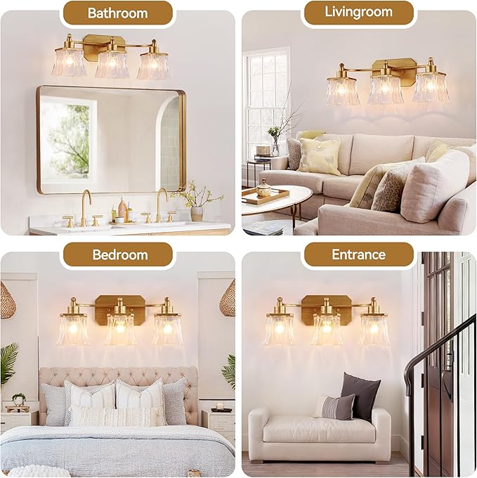 Gold Bathroom Vanity Light Fixture, 3-Light Vanity Lights for Bathroom , Matte Antique Brass Finish, with a Square Crystal Glass Shade, Vintage Bathroom Lighting Fixture over Mirror (Gold, 3 Light)