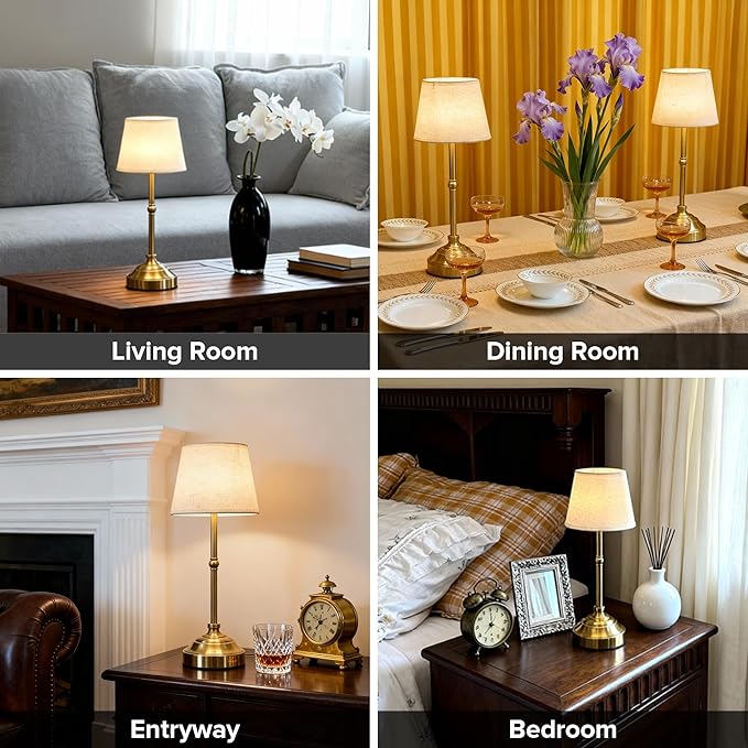 2 Pack Cordless Table Lamp, Rechargeable Desk Lamp with Fabric Shade, Battery Operated 3 Color Stepless Dimming, Small Touch Bedside Lamp Home Decor for Dining, Counter(Brushed Gold)