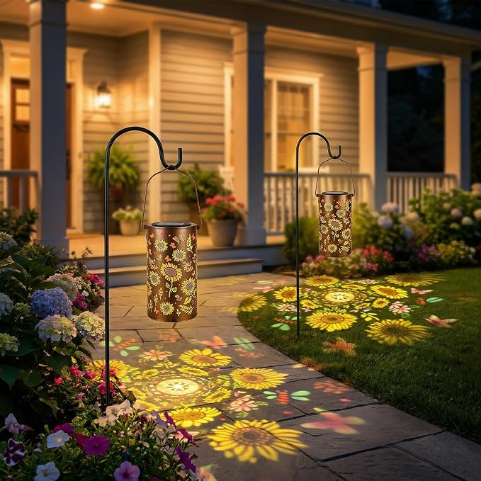 2Pack Colorful Solar Lanterns Outdoor Waterproof, Garden Decor Gifts for Women Mom Grandma - LED Colorful Sunflower Solar Powered Lights Metal Hanging Lantern for Outside Garden Patio Yard Lawn Porch