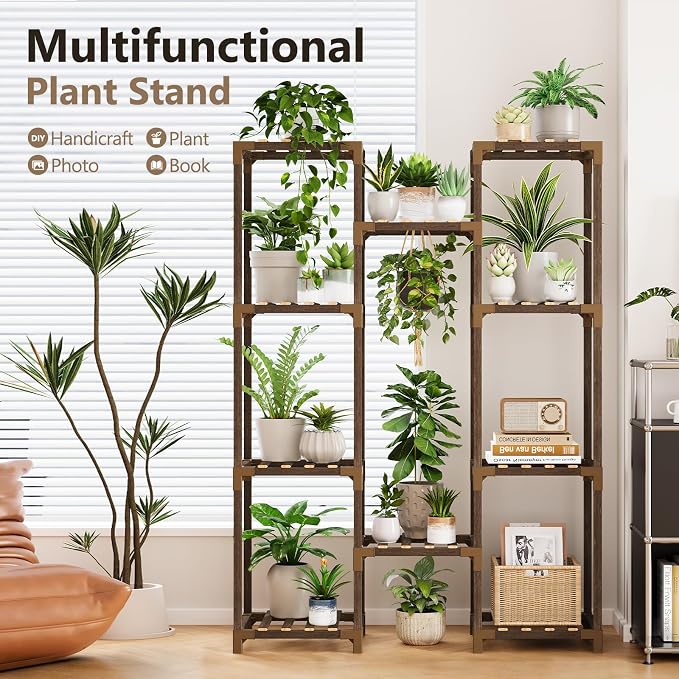 Plant Stand with Grow Light - Large Plant Stand Indoor for Multiple Pots, 10 Tiered Plant Shelf Wood Plants Holder Rack for Living Room, Patio, Garden, Corner, Home Decor