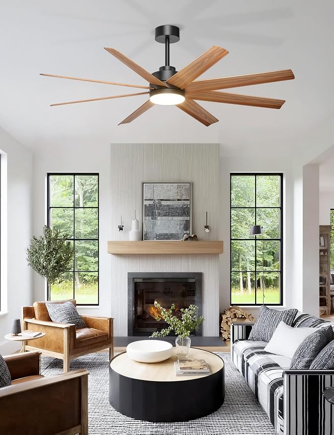 Ohniyou 60" Modern Farmhouse Ceiling Fan with Light for Patio, Living Room | Remote/App Control, Quiet DC Motor, 3CCT Dimming, Covered Outdoor Fan with 8 ABS Blades, Black and Wood Color