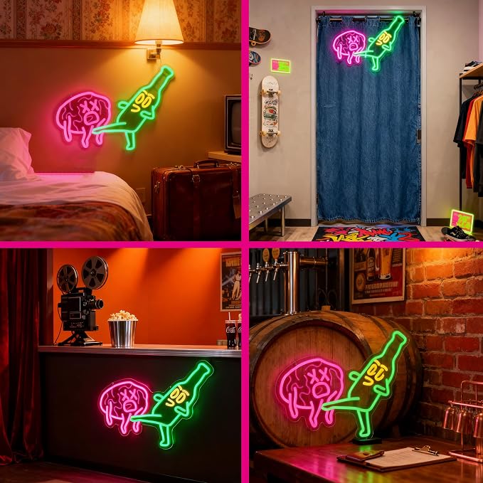 Funny Beer Neon Sign for Bar Man Cave Wall Decor Novelty LED Light | USB Powered Dimmable Funny Beer Neon Sign with Beer Kicking Brain Artwork for Bar Pub Man Cave Game Room Garage Decor