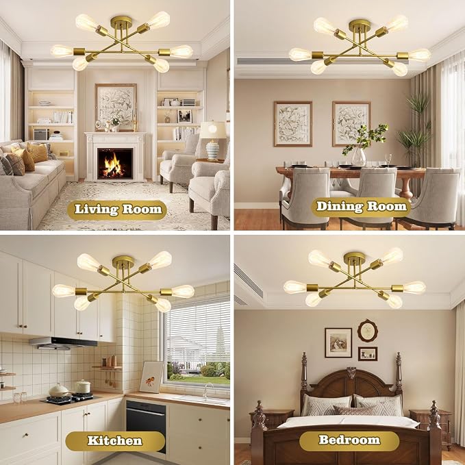 Chandelier, 6-Light Modern Sputnik Ceiling Light, Gold Metal Ceiling Light | Angle Adjustable Dining Room Light Fixture with E26 Base, Light Fixtures Ceiling Mount for Bedroom Living Room Kitchen