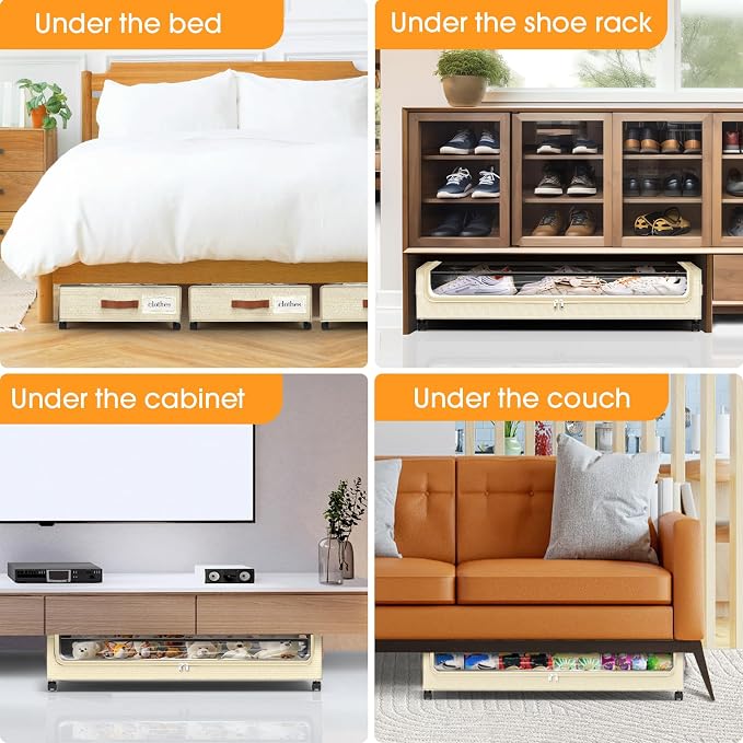 Under Bed Storage with Wheels 3Pack Storage Containers with Clear Window | Under Bed Drawers Rolling Under Bed Storage for Clothes,Shoes, Blankets (30.71 x 16.93 x 6.69 in, Beige)