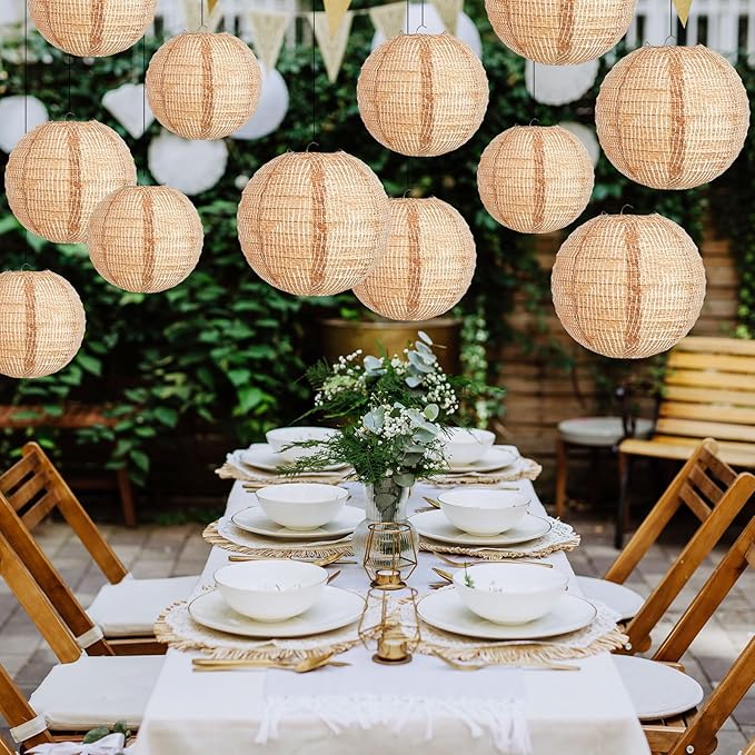 24 Pcs Print Burlap Paper Lanterns Round Chinese Paper Lanterns Farmhouse Boho Classroom Home Decor Classroom Sweet Birthday Party Ceremonial Event (8/10/12 Inch)