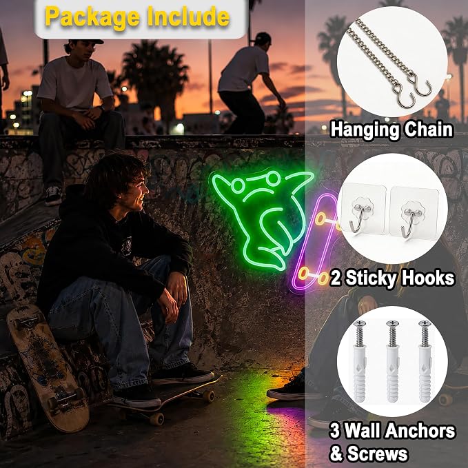 Frog Neon Lights Signs Neon Sign Led Sign Light for Wall Decor | Skateboard Frog Neon Sign for Room Decor,Man Cave Decoration,Dormroom,Wall Decor,Gift,5V USB Powered Dimmable