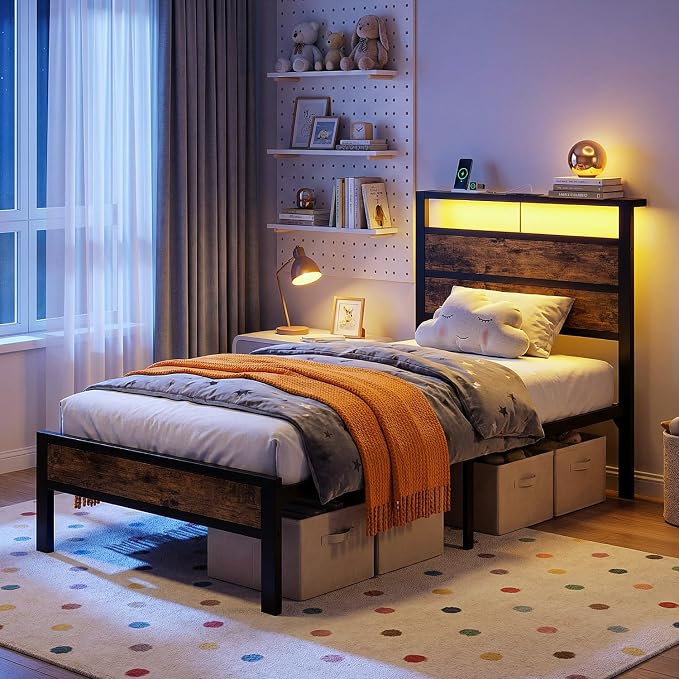 Twin Bed Frame with LED Lights & USB Charging Station | Metal Platform Bed with Storage Headboard, Under Bed Space, Noise Free, No Box Spring Needed, Easy Assembly, Brown