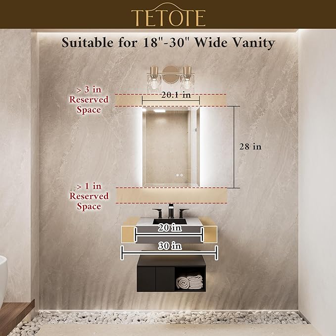 TETOTE 20 x 28 Backlit Mirror Bathroom, LED Vanity Mirror with Beveled Edge, Tempered Glass, 3 Colors Lights, Anti-Fog, Dimmable, Memory Function, UL-Listed, Frameless LED Vanity Wall Mirror