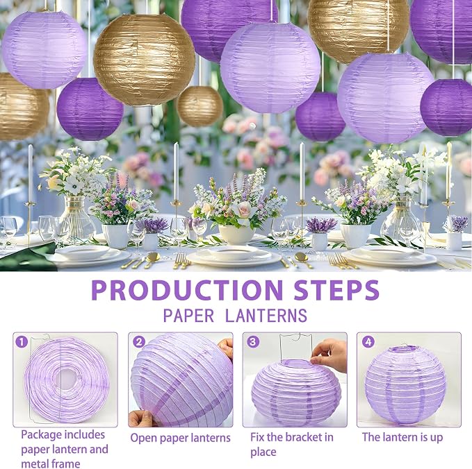 15-Pack Purple Gold Paper Lanterns, Rapunzel Birthday Decorations | 6, 8 & 10-Inch Round Hanging Set with Wire Frames for Baby Showers, Weddings, Graduations, Mermaid Themes & Ceiling Displays