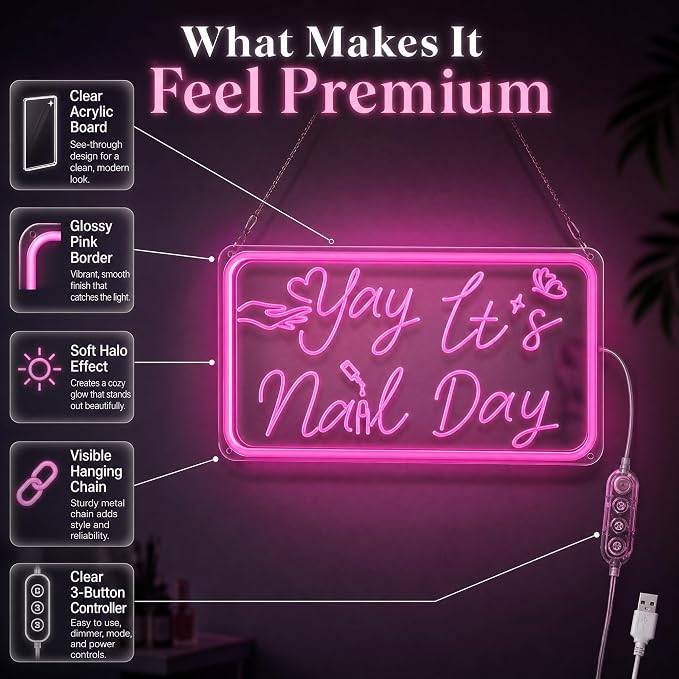Pink Neon Sign, Yay It's Nail Day LED Neon Light Sign with Motion Sensor & 3-Key Dimmable Mode, USB Powered Neon Signs for Wall Decor, Nail Salon Decor, Nail Room Decor, Teen Girl Room Decor, Stylish Nail Tech Gifts for Women