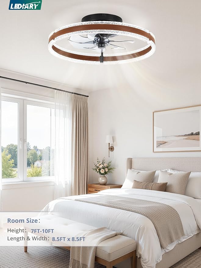 LEDIARY 20'' Modern Low Profile Ceiling Fans with Lights and Remote, Walnut | 3000-6000K Dimmable LED, 6 Wind Speeds, Quiet Reversible DC Motor, Small Flush Mount Fandelier for Bedroom, Living Room