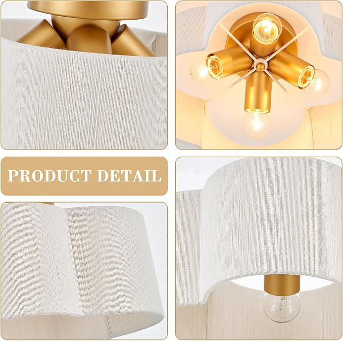 VILUXY Boho Rattan Semi Flush Mount Ceiling Light Fixture, 4-Light Gold Ceiling Lighting with Hand Wovan Wicker Shade Costal Drum Close to Ceiling Light for Bedroom Hallway Nursery, UL Listed
