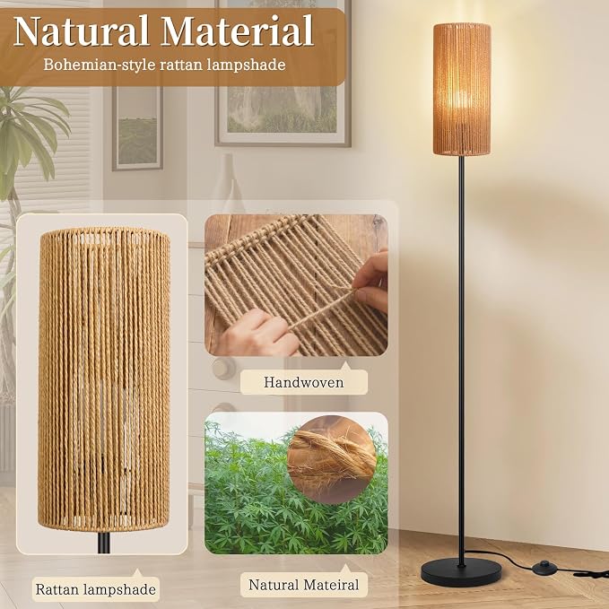 Ruiever Floor Lamp for Living Room,Farmhouse Floor lamp,Modern Standing lamp with Hand-Worked Rattan Shade (Straight Line Rattan Shade- 3 Color Bulb)