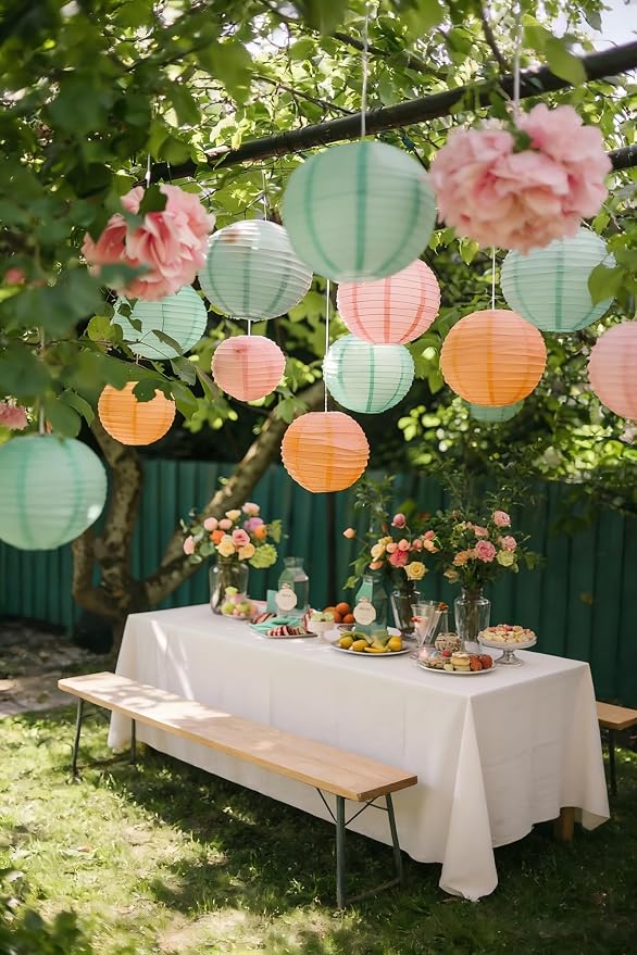 ZOOYOO Sage Green Pink Paper Lanterns,Boho Round Hanging Paper Lanterns Decoration for Birthday,Wedding,Baby Shower,Graduations,Summer Party,Home,Garden Decoration 12PCS