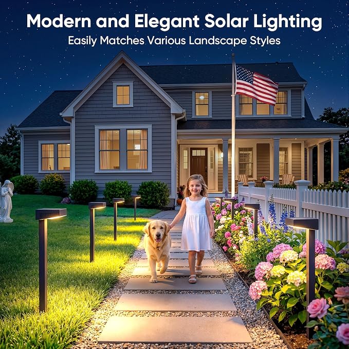 Solar Pathway Lights Outdoor: 8 Pack 80LM Bright Walkway Lighting | 27.4-in Max Height with 3 Adjustable Levels - IP65 Waterproof 12H Lasting - 2700K Warm White 2 Modes Garden Driveway Clearly