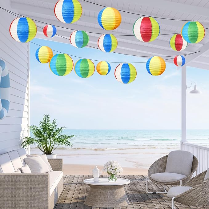 21Pcs Beach Ball Paper Lanterns Summer Luau Themed Hanging Decor - 4/6/8/10 Inch Multicolor Pool Party Decor for Outdoor Indoor Classroom Beach Birthday Party Supplies