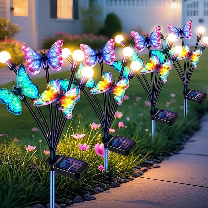 Solar Garden Lights Outdoor, Butterfly Firefly Lights 4 Pack, Waterproof | 3 Dynamic Fluttering Butterfly & 3 Firefly, Solar Garden Decor For Yard, Patio, Lawn, Gifts For Mom Women