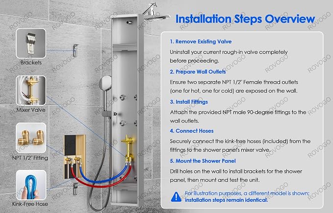 ROVOGO Shower Panel Tower System with 4 Shower Modes, 46.5", No Led Lights | Rainfall Shower Head, 2 Body Jets, Handheld and Tub Spout, Stainless Steel Shower Column with Brass Mixing Valve, Black