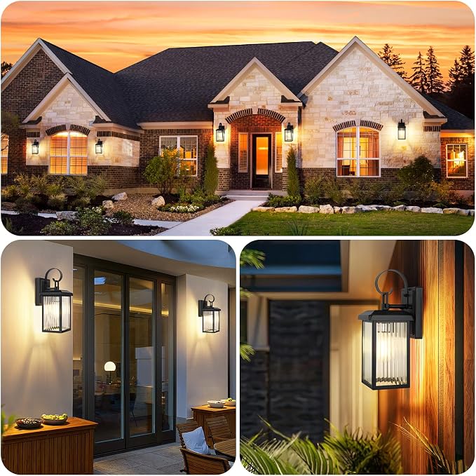 2-Pack Outdoor Wall Light Fixtures with Fluted Glass, Black | Waterproof, Rust-Resistant, Durable Metal, Standard E26 Socket, Easy to Install