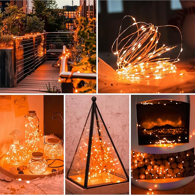 Orange Fairy Lights Battery Operated (Included), 8 Modes & Auto Timer, 2 Packs 5m 50Led Mini Twinkle Silver Wire Firefly Starry Lights, Waterproof Battery Operated Lights for Mason Jars