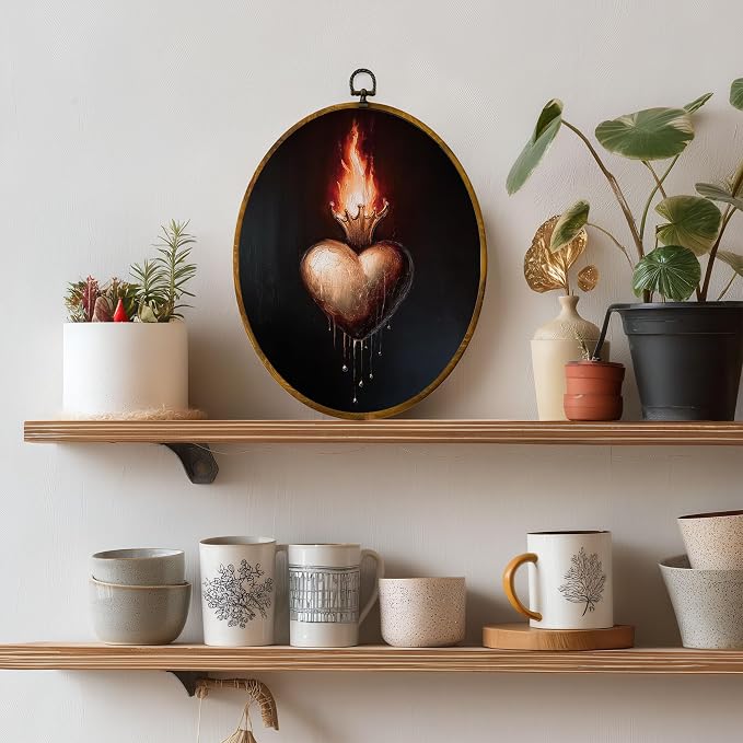zewepri Sacred Heart Oval Wall Art, Gothic Vintage Decor, 8.5x11.5 | Vintage flaming heart print adds moody gothic charm to nursery, bedroom, bathroom, living room, or gallery wall