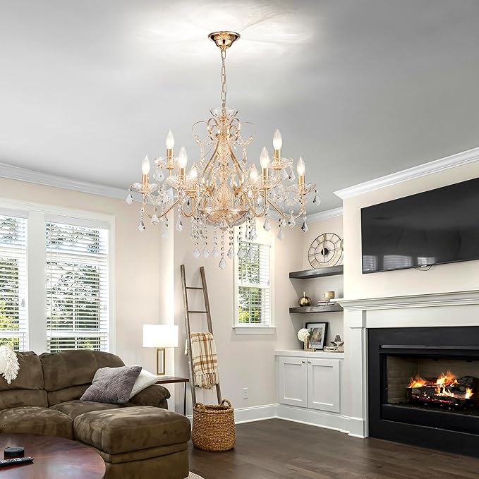 Saint Mossi Gold Crystal Chandelier for Dining Room, 9-Light Modern Chandelier Pendant Light, French Gold Crystal Raindrop Chandelier for Bedroom, Living Room, Foyer, H19 x D24