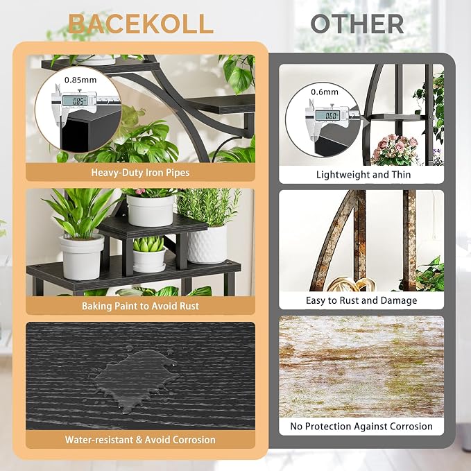 BACEKOLL Plant Stand Indoor with Grow Light, 8 Tier Corner Plant Shelf Tall | 62" Lighted Flower Holder for Plant Multiple, Space-Saving Beautiful Display Growing Rack for Home Patio, Sturdy Metal, Black