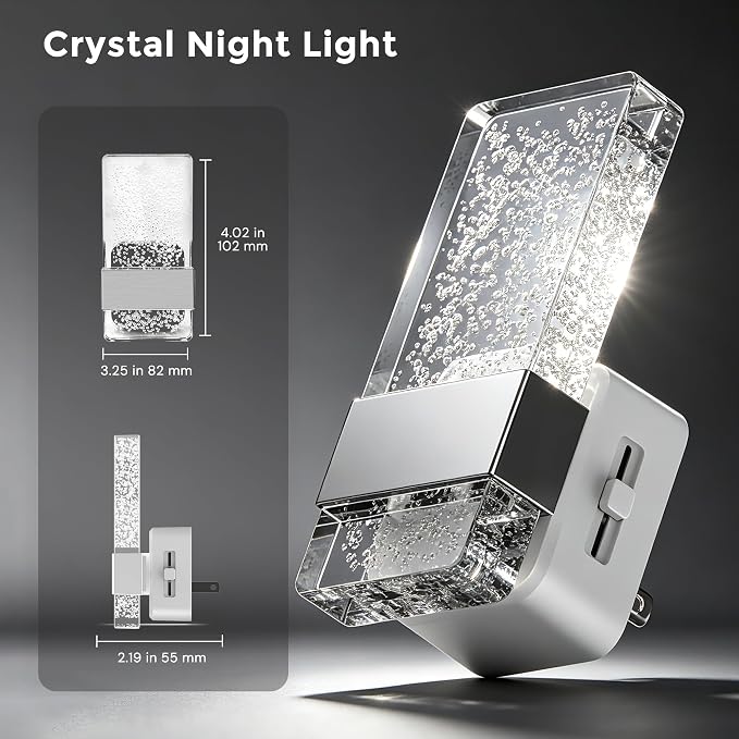 L LOHAS LED Night Light, Dimmable Night Lights Plug into Wall, 2 Pack | Acrylic Silver Nightlight with Light Sensor, 0-100LM Automatic Plug in Nightlight for Bathroom, Hallway, Stairway, Gift