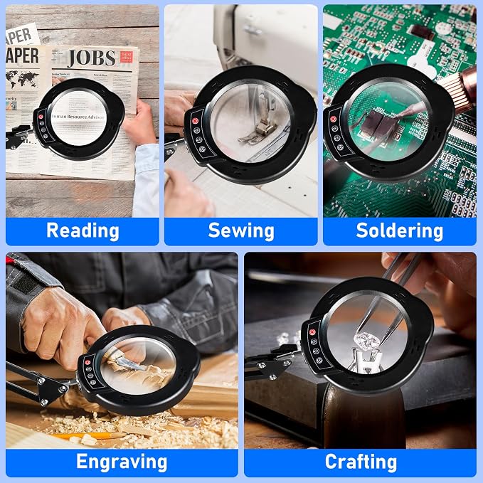 10X Magnifying Glass with Light and Stand, LED Desk Lamp with Clamp, 5 Color Mode, 10 Dimmable Levels, Hands Free for Reading Crafts Jewelry Sewing Close Work
