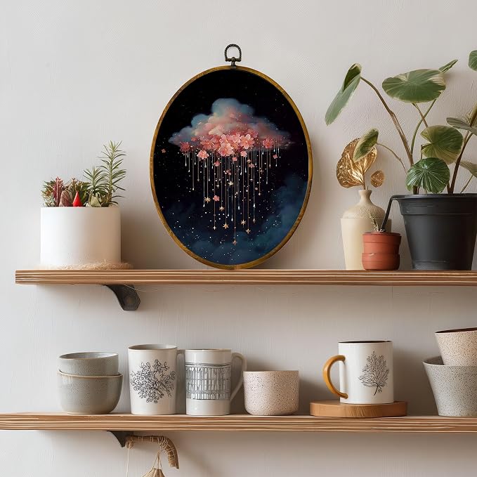 zewepri Floral Cloud Oval Wall Art, Starry Pink Rain Canvas Decor, 8.5x11.5 | Magical pink floral cloud with golden stars adds dreamy charm to nursery, bedroom, bathroom, living room, or gallery wall
