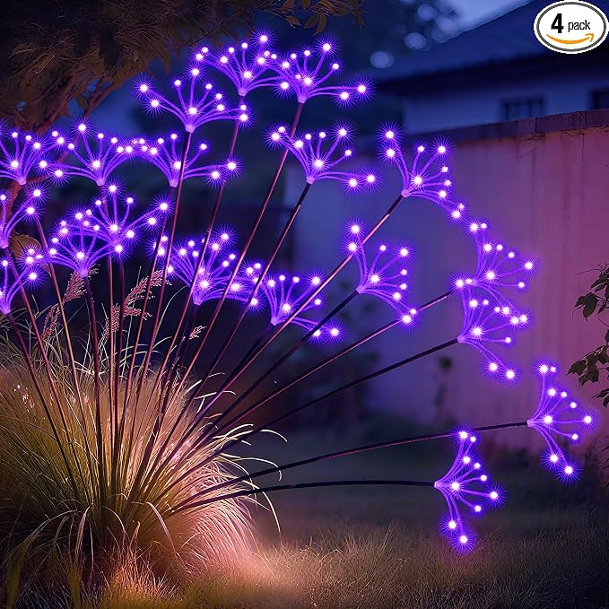 Solar Garden Lights, New Upgraded 4 Pack Solar Swaying Starburst Light, Waterproof Fireworks Outdoor Lights, Yard Patio Pathway Decoration, Purple