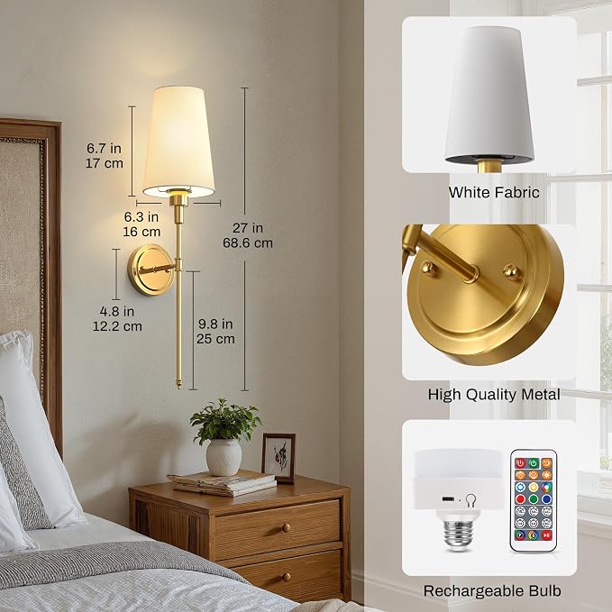 Battery Operated Wall Sconce: Set of 2 Wireless Wall Light 12000mAh | 15 Color Rechargeable Wall Sconces, Sconce Wall Decor Set of 2 for Bedroom, Living Room, Gold, 27in