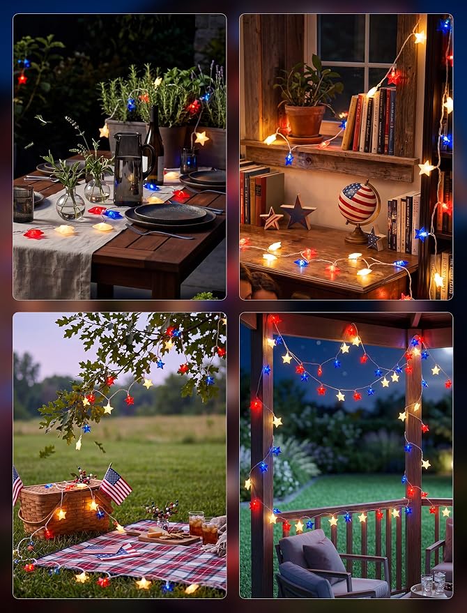 8.5Ft Red White and Blue Star Lights, 4th of July String Lights Plug in | 10 Five Star LED Bulbs, Connectable, Fourth of July Decorations for Independence Day Patriotic Party, White Wire