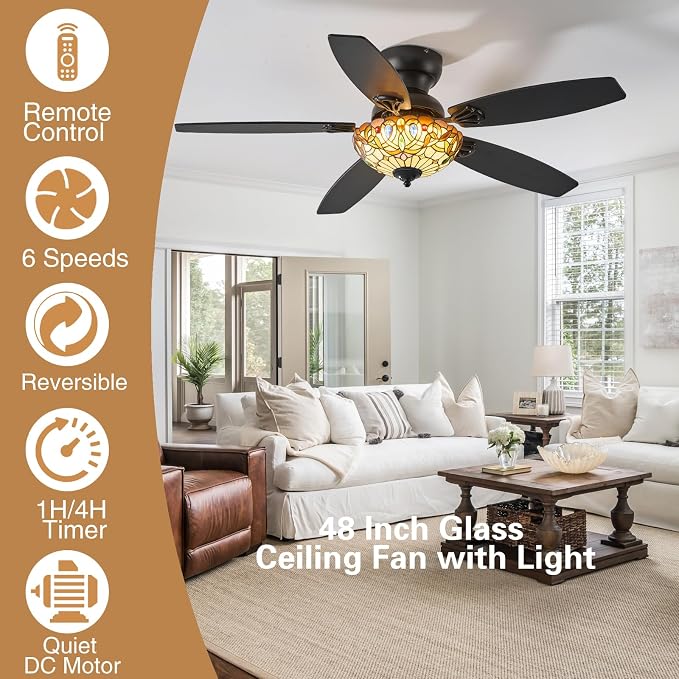Tiffany Ceiling Fans with Lights-48"Ceiling Fan Chandelier and Glass Shade | 48" Ceiling Fan Chandelier with 5 Dual-Blades and Glass Shade, 6 Speeds and Reversible, Indoor and Outdoor, Retro Style