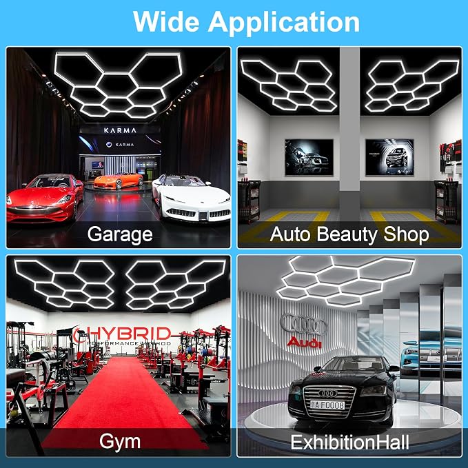 MODERN 11Grids Hexagon Garage Light: 48Pack 384W 47000LM High Brightness Hexagon Garage Lights-Easy Install Honeycomb Ceiling Lights for Warehouse, Gym Basement, Exhibition Hall
