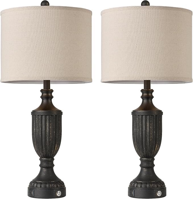 Black Farmhouse Lamps for Living Room Set of 2, 27.5" Bedroom Lamps Set of 2 with USB Ports, Dimmable Rustic Bedside Lamps Nightstand Lamps