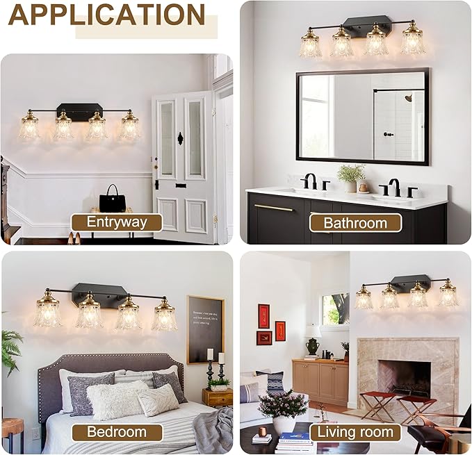 Vintage Bathroom Vanity Light Fixtures, Black and Gold 4-Light Vanity Light, Antique Bathroom Lighting Fixtures Over Mirror with Crystal Glass Shade, Vanity Lights for Bedroom Living Room Hallway