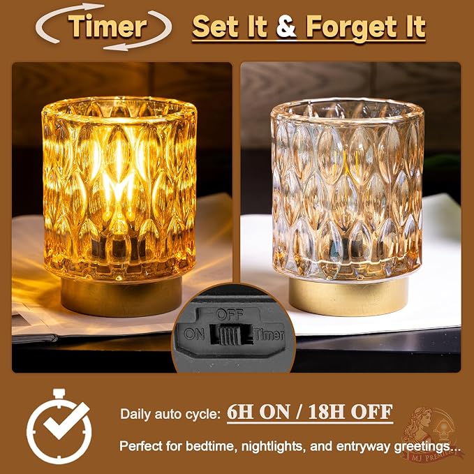Battery Operated Table Lamp Timer, Small Cordless Lamps Decorative, 2 Amber | Mini Crystal Lamp for Area No Plug, LED Battery Powered Lamps Wireless, Glass Accent Light for Bathroom Fireplace Shelf Decor