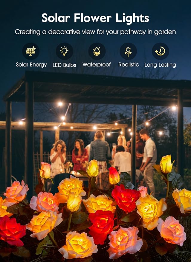 Brightown Solar Garden Lights, 4 Pack LED Rose Flower Lights Waterproof | Larger & Realistic Rose, Bigger Solar Panel, Waterproof Solar Lights Outdoor for Yard Garden Lawn Pathway Decorations